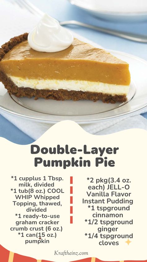 Image of a Double-Layer Pumpkin Pie with a creamy pumpkin layer over a cream cheese filling, topped with COOL WHIP, set in a graham cracker crumb crust, ready to be served, displayed on a dessert plate. Pumpkin Spice Jello Pudding Pie, Pumpkin Pie With Cream Cheese, Jello Pudding Pie, Instant Pudding Recipes, Double Layer Pumpkin Pie, Pumpkin Pie Ingredients, Recipes With Cool Whip, Autumn Spices, Crumb Crust