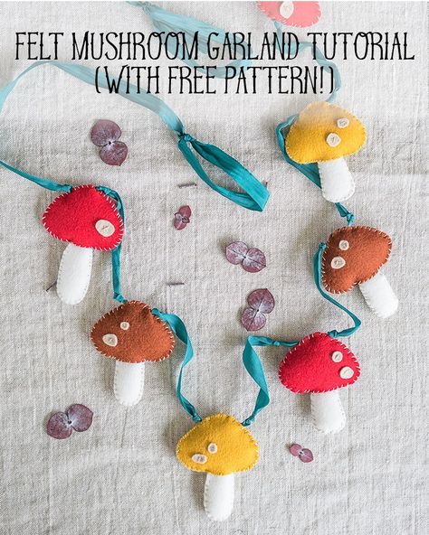 Felt Mushroom Garland Tutorial | Natasha LH // The Artisan Life (with template) Felt Mushroom Garland, Mushroom Garland, Diy Felt Garland, Mushroom Ornaments, Garland Tutorial, Felt Mushroom, Mushroom Crafts, Diy Crafts For Adults, Diy Felt