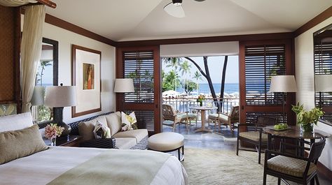 Four Seasons Resort Hualalai, Hawaii Hotel Bedroom Design, Tropical Interior Design, Hawaiian Homes, Hawaii Hotels, Bedroom Upgrade, Four Seasons Resort, Hotel Room Design, Hawaii Style, Hawaii Homes