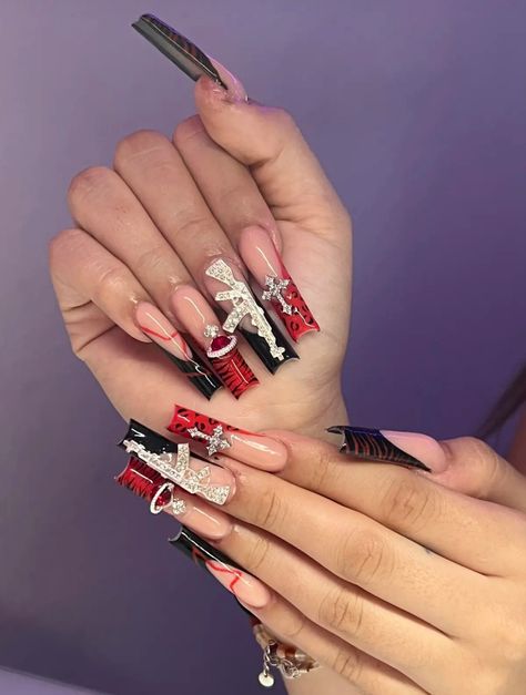 Black Nails With Red Bottoms And Rhinestones, Red And Black Junk Nails, Red Xl Nails, Anuel Aa Nails, Money Nail Set, Ak47 Nails, Money Bag Nails, Red And Black Birthday Nails, Red Baddie Nails Acrylic