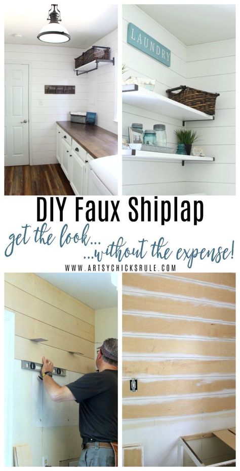 DIY Faux Shiplap Tutorial!! Get the Look without the Expense!!- artsychicksrule.com Curtains On Shiplap Wall, How To Vertical Shiplap, Diy Wood Shelves Wall Shelves, Shiplap Tutorial, Wall Trims, Diy Faux Shiplap, Beadboard Wainscoting, Organize Life, Architecture Renovation