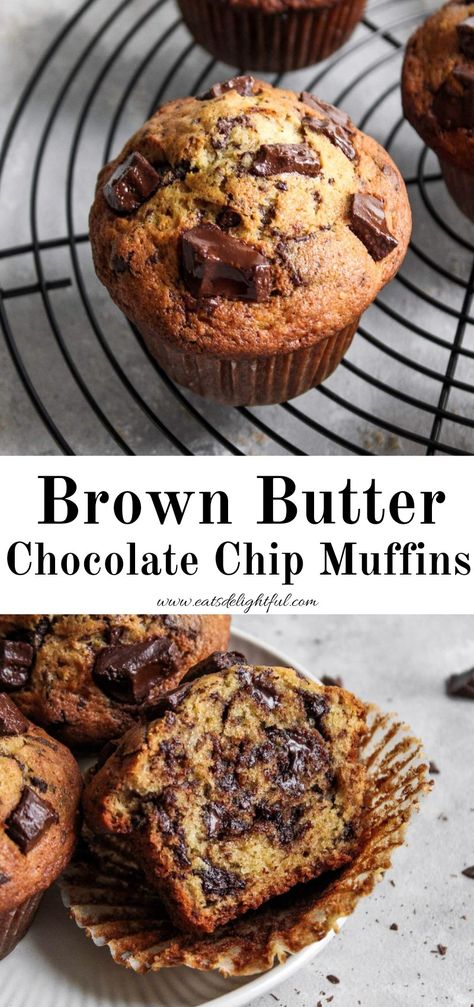 2 stacked images separated by text reading "brown butter chocolate chip muffins": top image shows muffins on wire rack and bottom image shows muffins in plate with one sliced in half Muffin Recipes Unique, Brown Butter Chocolate Chip Muffins, Brown Butter Chocolate Chunk Muffins, Brown Butter Muffins, Small Batch Zucchini Muffins, Fun Muffin Flavors, Peanut Butter Chocolate Muffins, Toffee Muffins, Bakery Muffins Jumbo