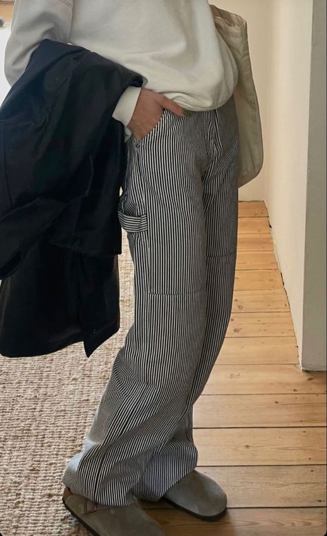 Copenhagen Style Striped Pants, Striped Cargo Pants Outfit, Railroad Stripe Pants Outfit, Hickory Stripe Pants Outfit, Stripped Trousers Outfit Women, Tie Waist Midi Skirt, Striped Pants Aesthetic, Striped Pants Outfit Aesthetic, Striped Jeans Outfit