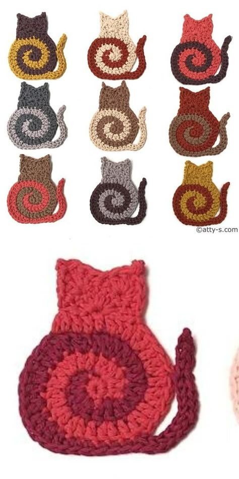 Swirly Cat Crochet Pattern, Swirly Cat Crochet, Crocheted Cat Applique, Crochet Animal Appliques Free Pattern, Crochet For Cat Lovers, Crochet Cat Square, Crochet Cat Applique Pattern Free, Crochet Animal Coasters, Crochet Shapes Flat