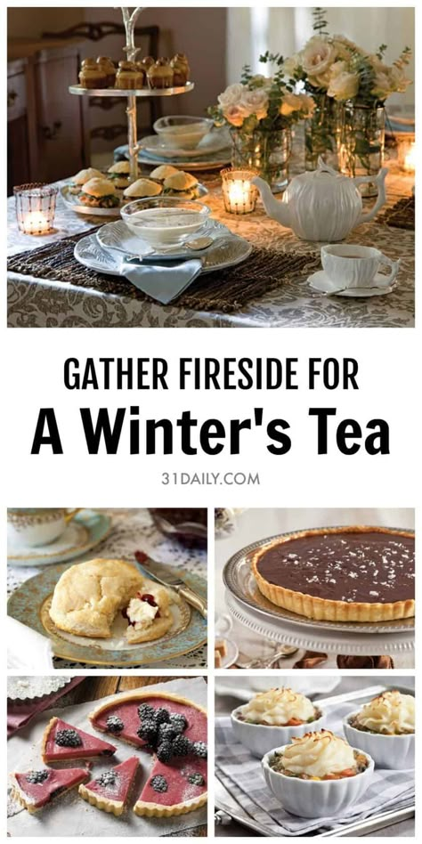 Gather friends near for a cozy winter's tea by the fireside. A Winter Afternoon Tea for Chilly, Snowy Days | 31Daily.com #afternoontea #winter #31Daily Winter Afternoon Tea, Winter Tea Party, Books And Tea, Christmas Tea Party, English Tea Party, Afternoon Tea Recipes, Winter Tea, Tea Party Food, Afternoon Tea Parties