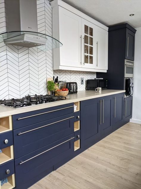 Navy White And Grey Kitchen, Backsplash For Navy And White Kitchen, Kitchen Tiles Design Ideas, Navy White Kitchen, Modern Kitchen Tiles Design, Wall Tiles Interior, Navy And White Kitchen, Tiles Kitchen Wall, Chevron Tiles