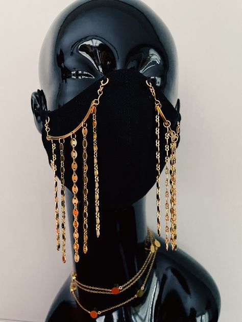 Gold Mask, Face Mask, Masks, Facewear, Mask Chain, Black and Gold Mask, Angelilli Fancy Face Mask, Masquerade Outfit, Rave Mask, Gold Mask, Mask Chain, Fancy Earrings, Fashion Mask, Mouth Mask, Accessories Ideas