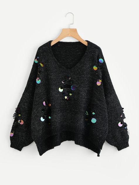 Sequin Jumper, Ripped Sweater, Oversized Pullover Sweaters, Oversized Long Sleeve Shirt, Iridescent Sequin, Sweaters Black, Black Shirts, Embellished Sweaters, Super Outfit