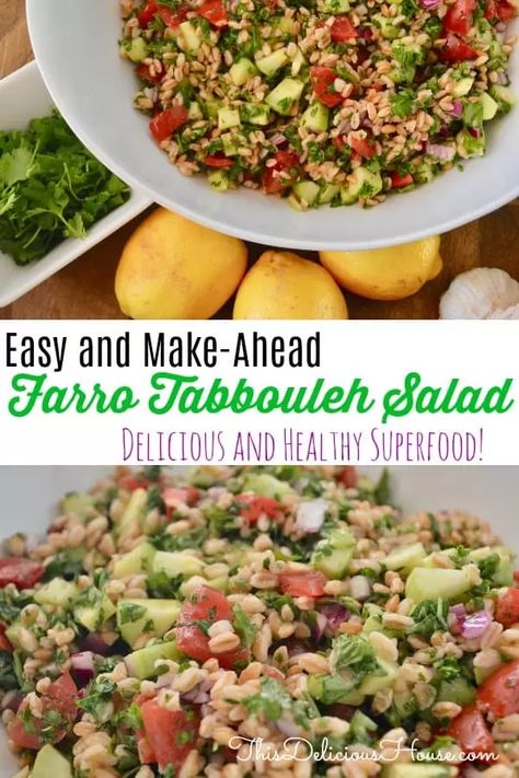 Farro Tabbouleh, Salad Farro, Tabouli Salad, Farro Recipes, Make Ahead Salads, Tabbouleh Salad, Lemon Cucumber, Healthy Superfoods, Cucumber Tomato