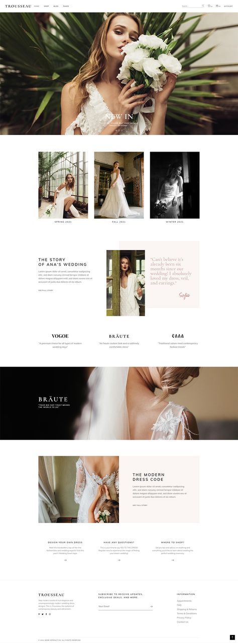 Welcome to Trousseau, a contemporary theme designed for all bridal store websites. #wordpress #wordpresstheme #wedding #dress #woocommerce Wedding Dress Websites, Website Design Inspiration Layout, Dress Websites, Bridal Store, Event Website, Photographer Website, Wordpress Design, Bridal Stores, Perfect Marriage