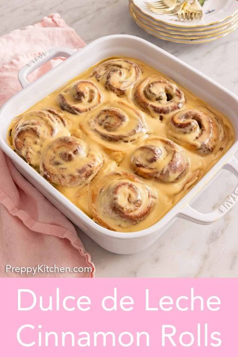 Sweet, buttery, and fluffy, these Dulce de Leche Cinnamon Rolls are such a perfect way to start the day. Always a hit at brunch or breakfast, these cinnamon rolls have a sweet layer of dulce de leche running through them and are topped with a dulce de leche cream cheese glaze. They are such a decadent treat and easy to make from scratch. Leche Asada, Make From Scratch, Best Cinnamon Rolls, Preppy Kitchen, Easy Brunch Recipes, Cream Cheese Glaze, Cinnamon Rolls Homemade, Cinnamon Rolls Recipe, Sweet Roll