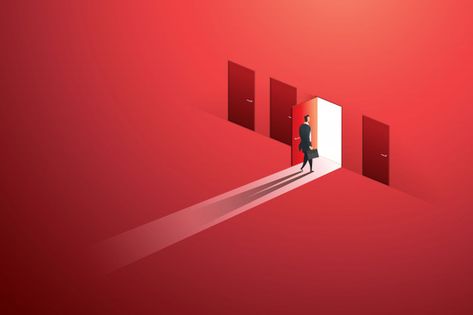 Businessman walking open door of choice ... | Premium Vector #Freepik #vector #light #man #wall #door Opened Door Illustration, Door Illustration Design, Door Surrealism, Door Poster Design, Door Graphic Design, Door Concept Art, Open Door Illustration, Door Animation, Door Illustration