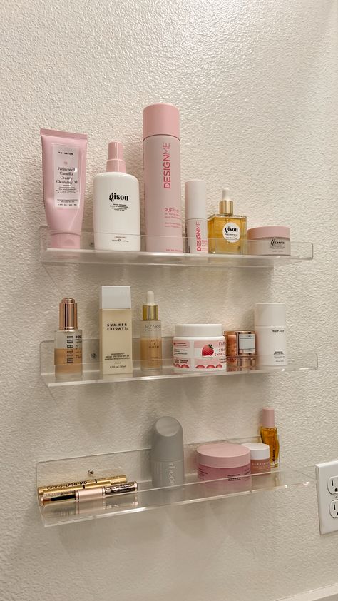 shelfie, skincare shelfie, hair care, favorite hair products, favorite skincare products, pink products, aesthetic, bathroom organization, bathroom shelf Skincare Cupboard Aesthetic, Shelf Makeup Organization, Bathroom Skincare Shelf, Bathroom Skincare Display, Skincare Shelf Aesthetic, Organized Skincare, Bathroom Skincare Organization, Shelfie Skincare, Skincare Shelves