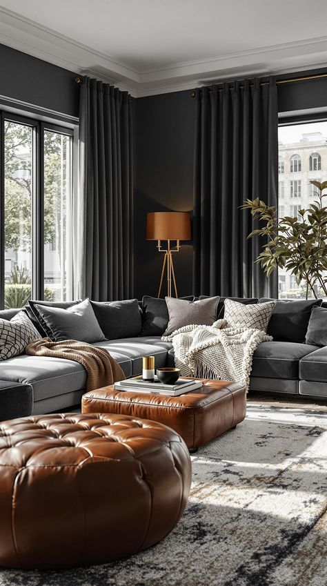 Dark Grey Couch Living Room Grey Couch Living Room Ideas, Dark Grey Couch, Dark Grey Couch Living Room, Dark Grey Couches, Layered Lighting, Couch Living Room Ideas, Grey Couch, Grey Couch Living Room, Multi Sensory