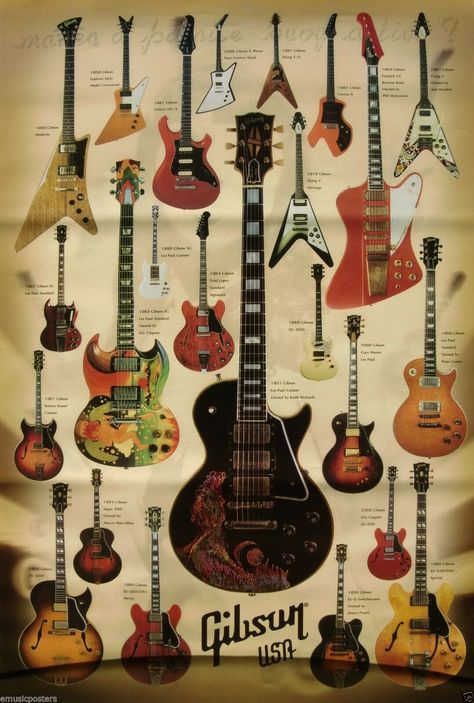 GUITARS POSTER 25 CLASSICS   Les Paul,Clapton,Hendrix,Keith Richards Vintage Guitars Acoustic, Famous Guitars, Best Guitar Players, Guitar Posters, Guitar Acoustic, Les Paul Guitars, Poster Music, Musica Rock, Music Instrument