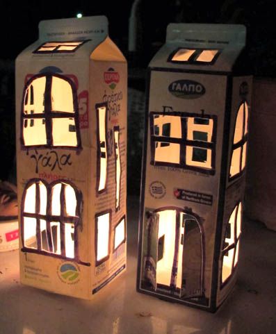 I made these “light houses” from used milk boxes. The little secret is that you have to make many little openings so the plastic inside will not be burned. Milk Cartons, Kids Milk, Milk Box, Milk Carton, Recycled Art, Assemblage Art, Cardboard Crafts, Kirigami, Diy Halloween