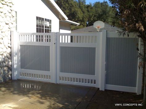 FENCING AND GATES - American Traditional - Exterior - Los Angeles - by Vinyl Concepts Inc Grey Fences, Fencing And Gates, Colour Home, Privacy Gate, Home Gate, Vinyl Gates, White Vinyl Fence, Front Yard Decor, Fence Gate Design