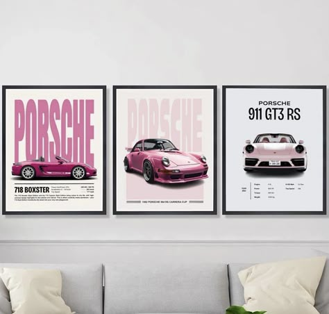 Bedroom Aesthetic Posters, Posters For Girls Room, Porsche Print, Pink Porsche, Pink Paintings, Room Decor Preppy, Room Decor Girl, Porsche Vintage, Porsche Poster