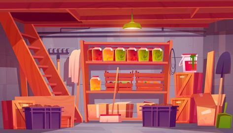 Garden Tool Box, Food Storage Rooms, Warehouse Interior, House Basement, Vegetable Illustration, 2160x3840 Wallpaper, Basement House, Scenery Background, Wooden Stairs