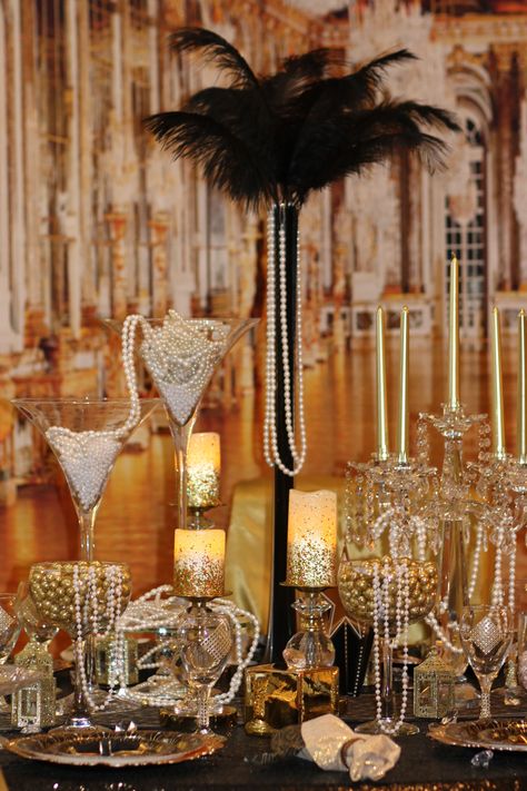 Prom Themes Roaring 20s, Kardashian Great Gatsby Party, Golden Age Theme Party, 30th Great Gatsby Birthday, Roaring 20s Dance Theme, Great Gatsby Tablescape, Great Gatsby 25th Birthday, 20s Decorations 1920s Party, Great Gatsby Sorority Theme