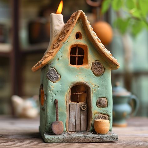 The miniature scale of these houses makes them perfect for creating unique dioramas or fairy gardens. Small Clay Houses, Fairy Clay Houses, Diy Ceramic House, Ceramic Houses Pottery, House Diorama, Clay House, Clay Fairy House, Ceramic Birdhouse, Modelling Clay