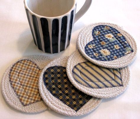 Crochet Ideas Aesthetic, Pretty Coasters, Aesthetic Knit, Shabby Chic Blue, Candle Mats, Coiled Fabric Basket, Rope Projects, Mug Rug Patterns, Coiled Baskets