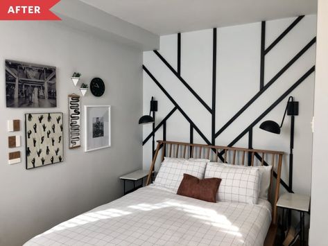 Dark Bedroom Makeover - DIY Black and White Bedroom Cool Accent Wall | Apartment Therapy Black And White Wall Painting Ideas Bedroom, White And Black Accent Wall, Black And White Bedroom Walls, Black And White Accent Wall Bedroom, Black And White Wall Paint, Black And White Wall Design, Black White And Tan Bedroom, White And Tan Bedroom, Black And White Accent Wall