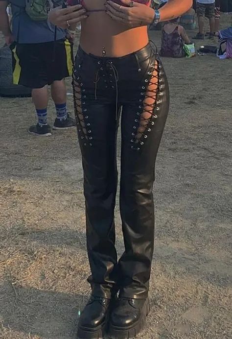 High Waisted Black Leather Pants, Leather Tie Pants Outfit, Tie Up Leather Pants, Red Lace Up Pants, String Leather Pants, Leather Pants With Strings Outfit, Black Lace Up Pants, Leather Cut Out Pants, Pink Lace Up Pants