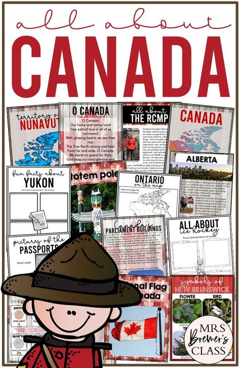 All About Canada complete unit study with information charts, maps, symbols, flags, project templates, worksheets, passports, and posters for Grade 1, Grade 2 and Grade 3 Geography Party, Canada Activities, Canada For Kids, Facts About Canada, Canada Information, All About Canada, Country Study, Gym Activities, About Canada