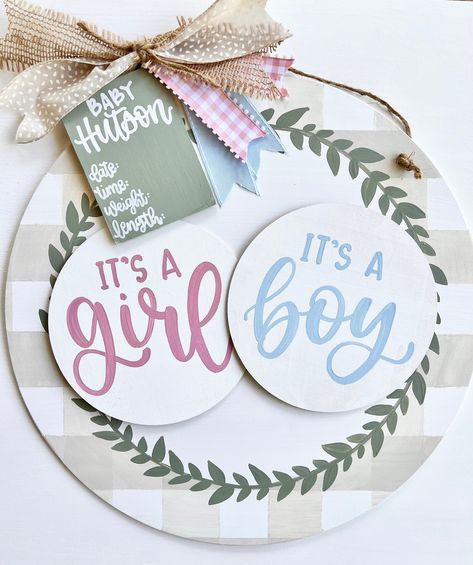 "This gender neutral door hanger is a great way to welcome your baby while also keeping it a surprise!  This door hanger comes in an 18\" or 24\" size. Each sign comes with two smaller circle plaques that are interchangeable and Velcro directly to the larger background sign. The background sign features a great gender neutral beige gingham pattern around the edges and sage green leaf detail. The sign also comes with a detachable birth stat card with an area for you to easily fill in the birth st Gender Neutral Door Hanger, Gender Neutral Hospital Announcement, Gender Neutral Door Hanger For Hospital, Gender Neutral Hospital Door Hanger, Newborn Door Hanger, Neutral Door Hanger, Gender Neutral Birth Announcement, Hospital Door Hanger Boy, Hospital Name Sign