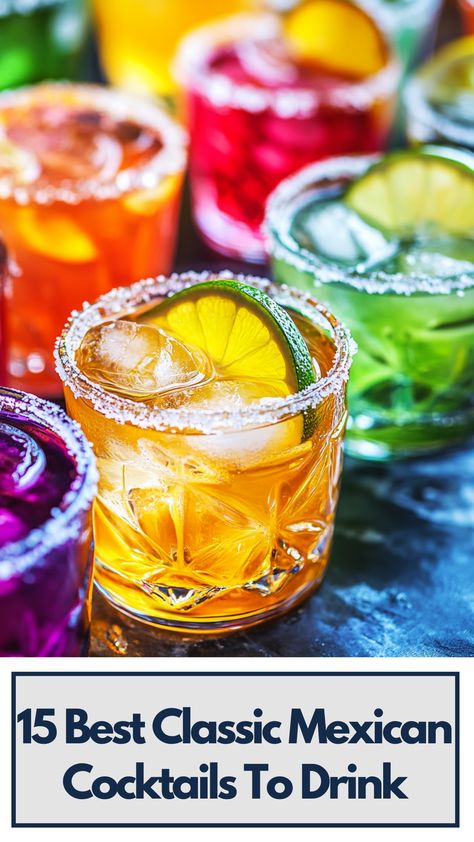 A collection of classic Mexican cocktails including margaritas and palomas served in colorful glasses, perfect for a festive gathering or casual night. Mexican Cocktails For A Crowd, Southwest Cocktails, Mexican Mixed Drinks, Latin Cocktails, Mexican Cocktail Recipes, Mexican Alcoholic Drinks, Mexican Cocktails, Mexican Bar, Fun Drinks Alcohol