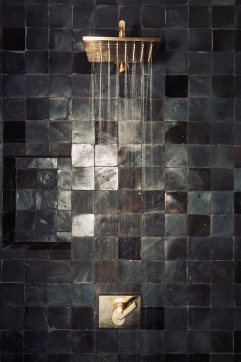 Black Tile Bathrooms, Wabi Sabi Design, Dark Tile, Dark Bathrooms, Artisan Tiles, Cle Tile, Wall Exterior, Black Tiles, Tile Inspiration