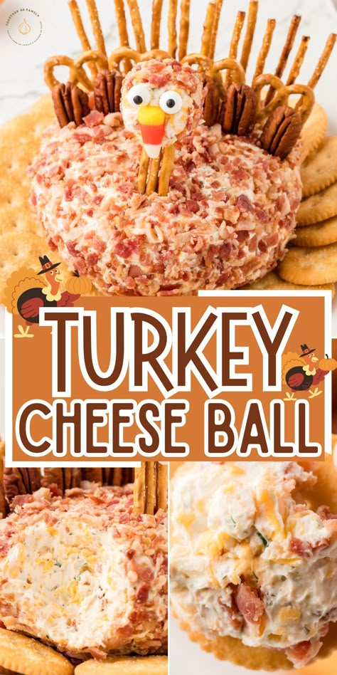 Turkey Shaped Cheese All, Cheeseball Turkey Appetizer, Cheese All Turkey, Bacon Cheeseball Turkey, Thanksgiving Cheeseball Turkey, Thanksgiving Recipes Cheese Ball, Turkey Cheeseball With Pretzels, Cheese Ball Recipes Thanksgiving, Thanksgiving Cream Cheese Ball