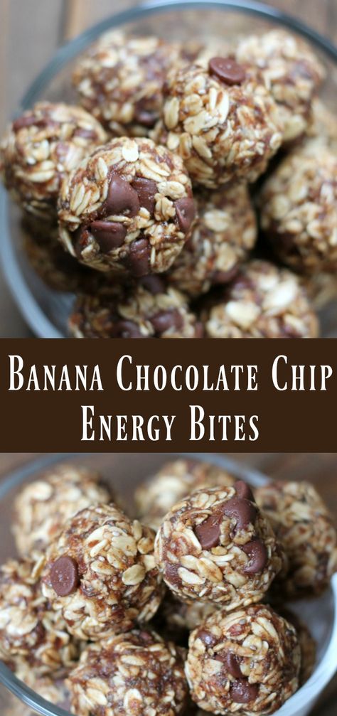 No-bake Banana Chocolate Chip Energy Bites. Healthy make-ahead energy ball recipe. Chocolate Chip Energy Bites, Energy Bites Healthy, Weight Watcher Desserts, Energy Bites Recipes, Energy Ball Recipe, Low Carb Dessert, Banana Chocolate, Baked Banana, Banana Chocolate Chip