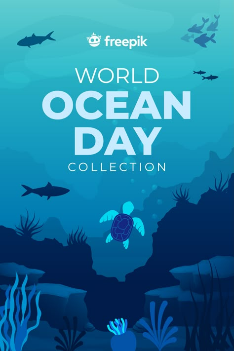 Visuals to celebrate Ocean Day Sea Vector Illustrations, Sea Poster Design, Ocean Poster Design, Ocean Day Poster, Dive Illustration, Ocean Graphic Design, Day Of Water, Flat Design Poster, Ocean Vector