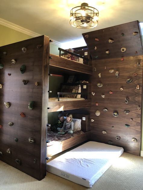 Five Bunk Beds In One Room, Cool Bunk Bed Rooms, Rock Climbing Bunk Bed, Dream Bunk Beds, Kids Bunk Beds For Boys, Six Bunk Beds In One Room, Ikea Bunk Bed Rock Wall, 5 Beds In One Room Ideas, Bunk Bed With Climbing Wall