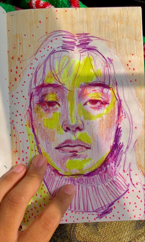 Mix Media Self Portrait, Pencil Journal Drawings, Creative Portraits Drawing Mixed Media, Colourful Portraits Drawing, Self Portrait Drawing Abstract, Monochrome Self Portrait, Abstract Marker Drawing, Abstract Self Portrait Ideas Drawing, Marker Colored Pencil Drawing