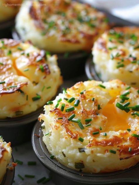 Delicious Garlic Chive Mashed Potato Puffins Recipe - My Home Made Recipe Garlic Chives Recipes, Potatoes In Muffin Tin Recipe, Parmesan Potato Recipe, Savory Cupcakes, Cheese Bites Recipe, Buttery Potatoes, Chives Recipe, Baked Mashed Potatoes, Potato Puffs