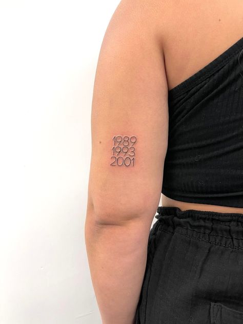 Tattoo. Fine line. 3 years. 1989 1993 2001. Back of elbow. Dates Sibling Tattoos Birth Year, Siblings Birth Year Tattoo, Sibling Birth Year Tattoo, Birth Years Tattoos, Birth Year Tattoo, Birthdate Tattoo, Year Tattoo, Sibling Tattoos, Piercing Ideas