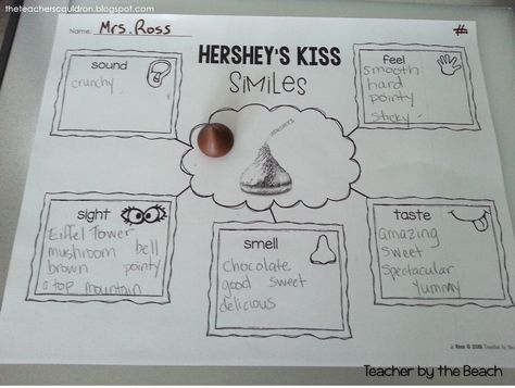 FREE--The Teachers' Cauldron: Hershey's Kisses Similes {Freebie}..I gave them the senses sheet. We talked about it and I added all of their ideas on mine. I told them to choose for each box as we filled it in. Free  brainstorming page and writing pages... Simile Activities, Metaphor Poems, Metaphor Activities, 2nd Grade Centers, Simile Worksheet, Writing Journal Covers, Spelling Dictionary, Milton Hershey, Knuffle Bunny