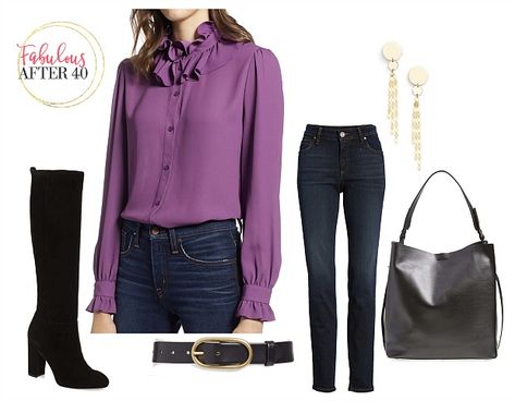 Purple Top Outfit Ideas, Purple Style Outfit Casual, Light Purple Shirt Outfit, Purple Top And Jeans Outfit, Violet Shirt Outfit, Classic Purple Shirt For Fall, Purple Casual Outfit, Purple Button-up Shirt For Business Casual, Purple Blouse Outfit