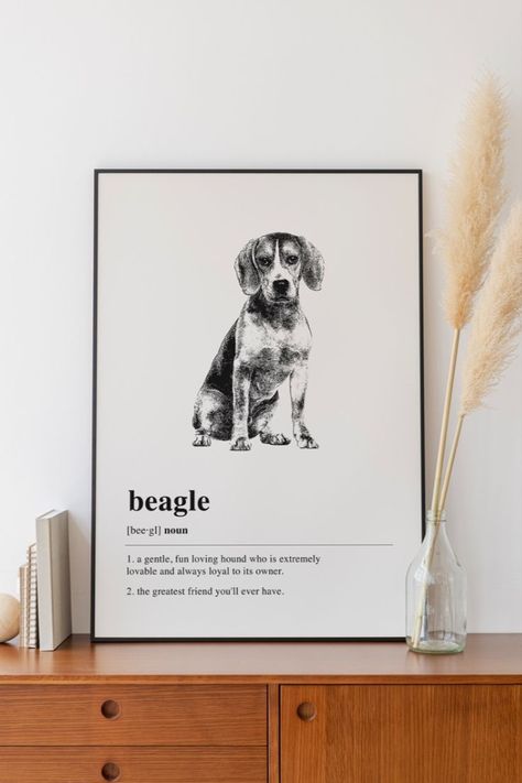 Minimal Beagle wall art printable black and white with Beagle definition contemporary art gift for dog owners Dog Decor Ideas, Dog Photo Frame, Wall Prints Printable, Puppy Backgrounds, Christmas Beagle, Pug Artwork, Dog Memorial Gifts, Pet Portraits Photography, Pet Portrait Art