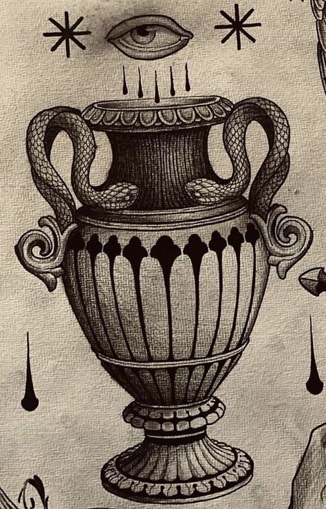 Doorway Tattoo Traditional, Vase Traditional Tattoo, Vase Tattoo Traditional, Urn Tattoo, Vases Tattoo, Vase Tattoo Design, Sacred Art Tattoo, Blue Ink Tattoos, Vase Tattoo