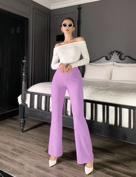 Lilac Pants Outfit, Lilac Fits, Lilac Pants, Outfit Uni, Outfits Purple, Purple Woman, Girls Outwear, Purple Outfits, Fantasy Dress