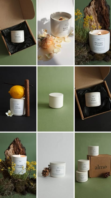 Scented Candles Aesthetic Packaging, Candles Aesthetic Photography, Candle Photoshoot, Candle Photography Ideas, Candle Packaging Design, Mood Candles, Candle Photography, Nature Projects, Soya Mumu