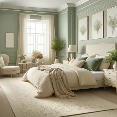 Pale Green and Cream Calming Bedroom Color Scheme Relaxing Bedroom Ideas Calming Colors Accent Walls, Pale Green Bedroom Walls, Calming Bedroom Color Schemes, Pale Green Bedroom Ideas, Light Green Walls Bedroom, Pistachio Bedroom, Pale Green Bedroom, Green Cream Bedroom, Pale Green Bedrooms