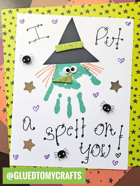 Handprint Witch Keepsake Craft Idea... - Glued to My Crafts Hand Print Witch Craft, Shape Witch Craft, Preschool Art Halloween, Handprint Witch Craft, Witch Craft For Toddlers, Halloween Kids Handprint Crafts, Witches Craft For Kids, Kids Halloween Handprint Art, Preschool Witch Crafts