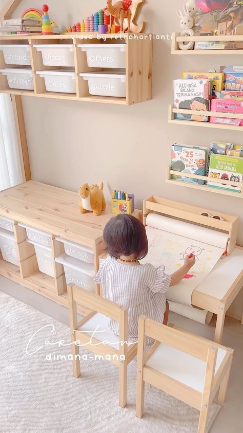 Kiddie Corner Ideas, Minimal Playroom Ideas, Ikea Montessori Playroom, Baby Room Montessori, Ikea Kids Room Ideas, Playroom Office Combo Ideas, Kids Room Design Small Space, Ikea Playroom Ideas, Montessori Playroom At Home