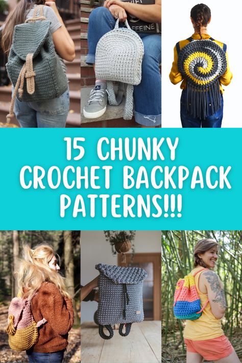 15 Chunky Crochet Backpack Patterns!!! Pattern round up for simple backpack designs that call for bulky and super bulky weight yarn for FAST makes! Crochet Patterns Using Bulky Yarn, Crochet Bulky Yarn Patterns, Crochet Backpack Free Pattern, Super Bulky Yarn Crochet, Super Bulky Yarn Patterns Crochet, Super Bulky Yarn Patterns, Crochet Accessories Free Pattern, Backpack Patterns, Bulky Yarn Patterns