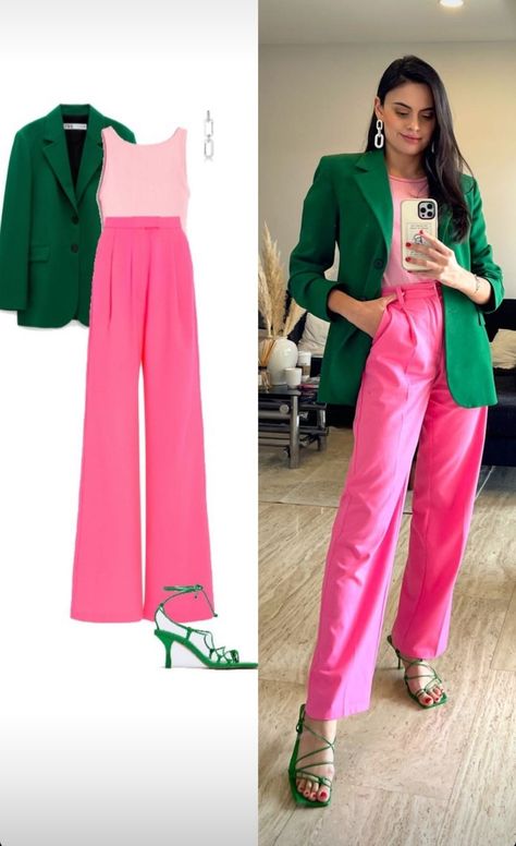 Pink And Green Work Outfit, Dark Pink Trousers Outfit, Pink And Green Business Attire, Pink Trousers Outfit Classy, Pink Trousers Outfit, Bold Fashion Outfits, Trousers Outfit Casual, Green Outfits For Women, Pink Pants Outfit